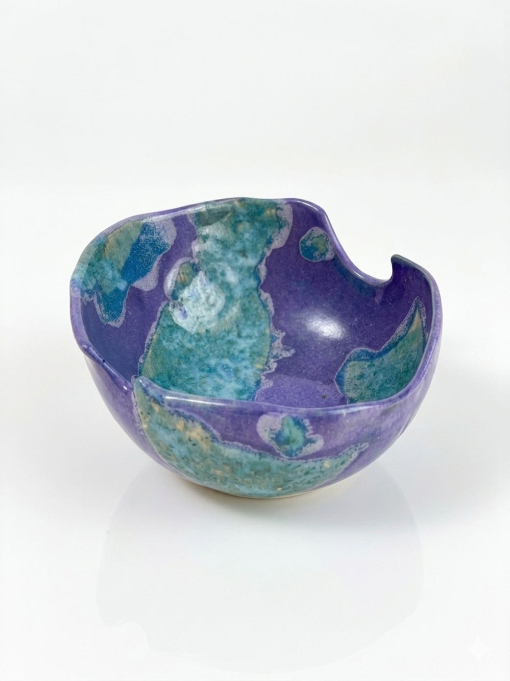 Artisan Studio Pottery Freeform Glazed Bowl‎ Purple & Teal Handmade Abstract